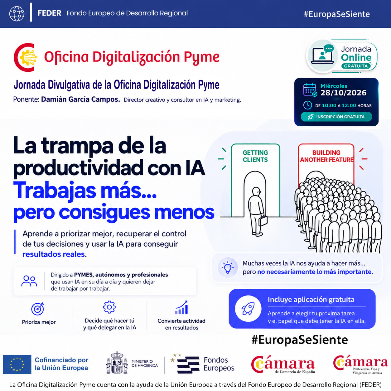 Cartel del taller gratuito sobre productividad con IA de Damián García, el 28 de octubre de 2026