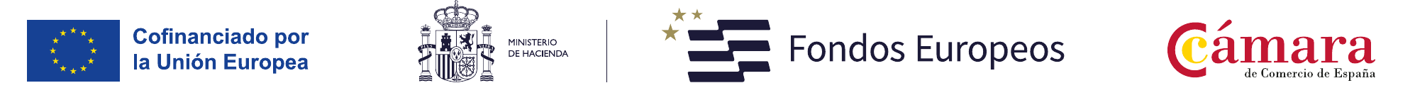 Logos de la Unión Europea, Ministerio de Hacienda, Fondos Europeos y Cámara de Comercio de España
